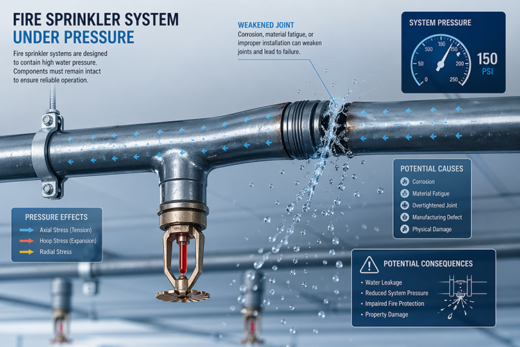 Fire sprinkler system pressure diagram highlighting weakened joints, axial and hoop stress, and potential consequences like water leakage and reduced fire protection.