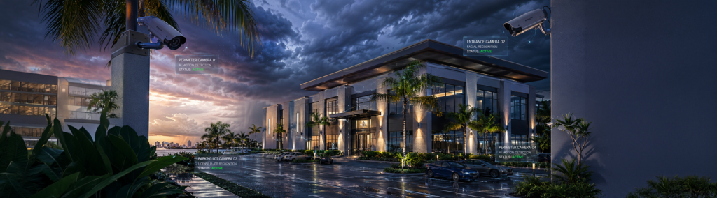 A wide-angle dusk view of a modern South Florida commercial building with active CCTV cameras mounted at entry and parking areas, displaying real-time surveillance data overlays.