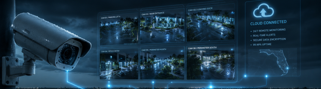 A commercial security camera with a cloud-connected CCTV monitoring dashboard displaying six live camera feeds from a business premises at night