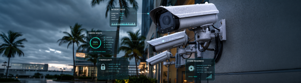 Commercial CCTV cameras mounted on a building exterior with real-time monitoring dashboards showing network status, camera health, cybersecurity, and storm readiness indicators