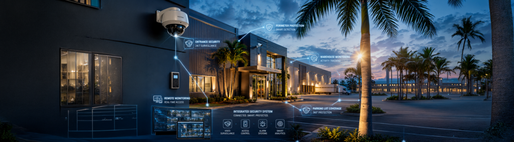 Professional CCTV security system installed on a modern South Florida commercial building, showing surveillance cameras, remote monitoring, and integrated security features at dusk.
