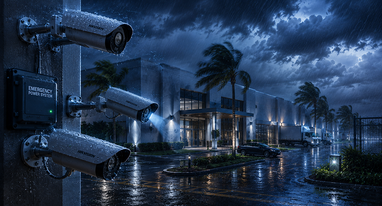 Three Hikvision bullet cameras mounted with an emergency power system on a South Florida commercial building exterior, actively recording through heavy rain and storm conditions at night.