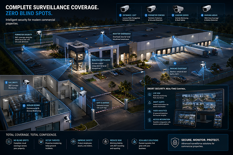 Diagram of complete commercial CCTV surveillance coverage with zero blind spots, showing camera placement across entrances, parking lots, loading docks, hallways, and server rooms for a South Florida business