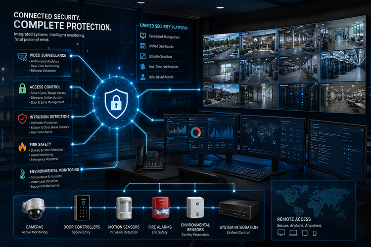 Unified security platform diagram showing CCTV integration with access control, intrusion detection, fire safety, and environmental monitoring systems for complete commercial protection in South Florida.