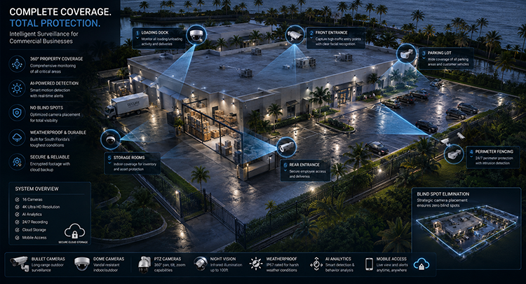 An overhead diagram of a South Florida commercial facility showing complete CCTV camera coverage across six zones, including loading dock, front entrance, parking lot, rear entrance, storage rooms, and perimeter fencing.