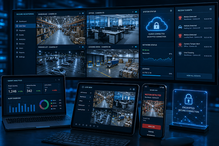 A remote CCTV monitoring dashboard displaying live warehouse and parking lot camera feeds across desktop, tablet, and mobile devices with real-time alerts and cloud-encrypted connection