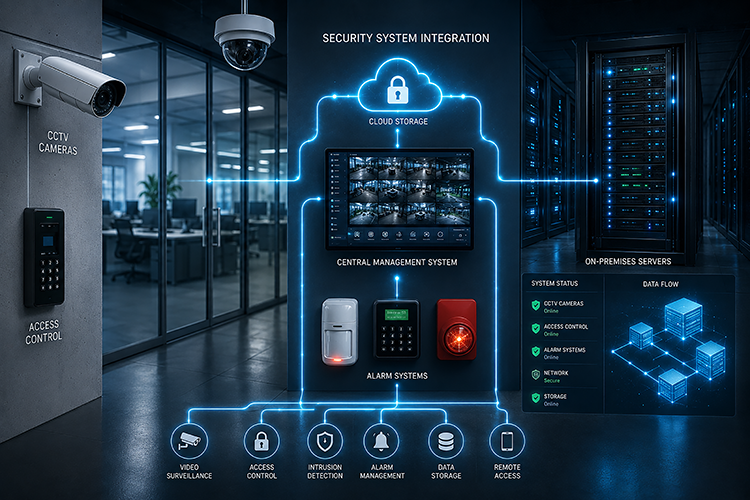 A commercial security system integration diagram showing CCTV cameras, access control, alarm systems, and cloud storage connected through a central management system for remote video surveillance