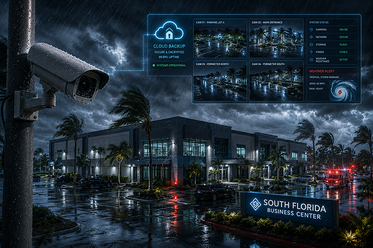 Remote CCTV monitoring system protecting a South Florida commercial property during severe weather, with encrypted cloud backup, live camera feeds, and real-time system status remaining fully operational