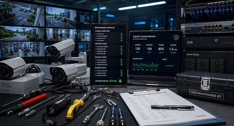 CCTV maintenance kit, tools, and cameras arranged alongside a maintenance checklist tablet and security system overview laptop, representing a complete commercial CCTV maintenance setup