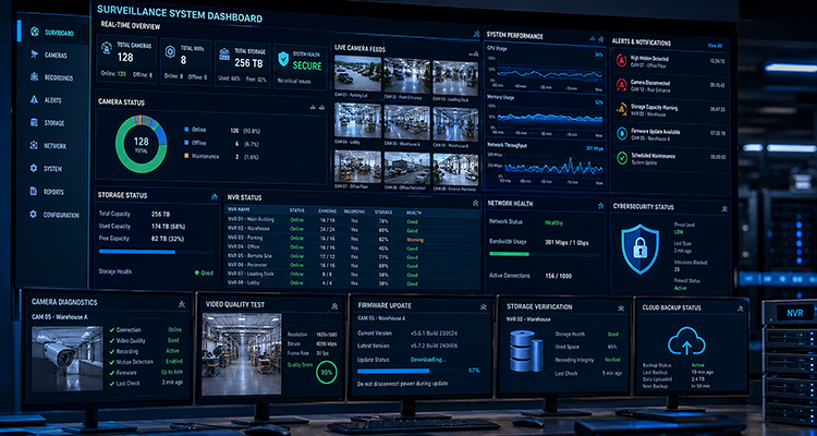 Commercial CCTV maintenance monitoring dashboard showing camera diagnostics, network health, and cloud backup status, illustrating the complexity businesses overlook without a regular maintenance plan