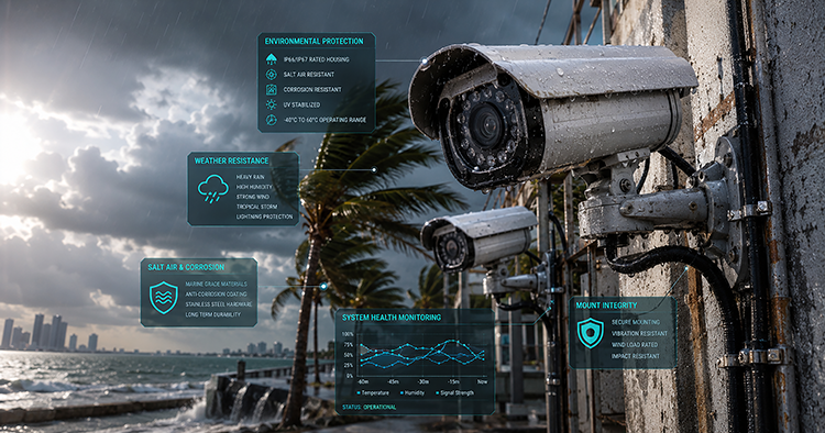 Outdoor commercial CCTV cameras mounted on a coastal building during a storm, with overlaid diagnostics highlighting environmental protection ratings, weather resistance, salt air corrosion resistance, and mount integrity