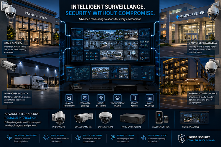 Intelligent surveillance solutions for multiple South Florida business types, including retail stores, warehouses, medical centers, and hotels, featuring PTZ cameras, dome cameras, NVR systems, and real-time smart analytics.