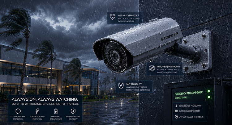 A heavy-duty IP67-rated bullet security camera mounted on a commercial building exterior during a South Florida storm, rated for 150mph winds with emergency backup power and 24/7 continuous recording.