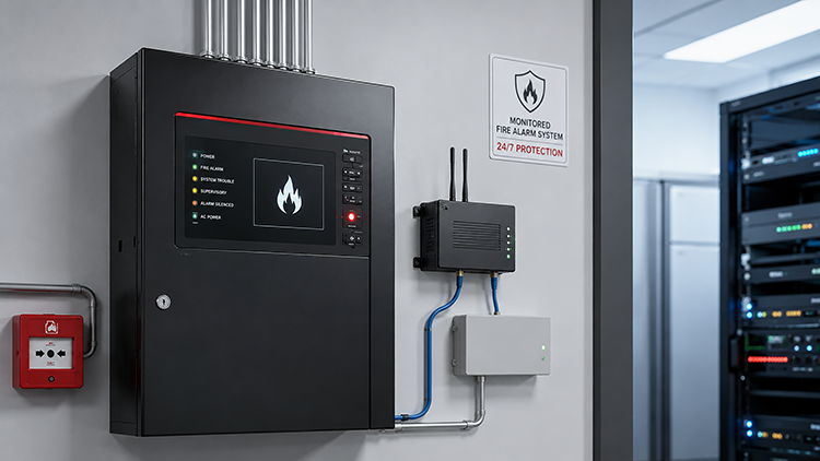Potter fire alarm control panel mounted on a wall alongside fire alarm inspection records, monthly and annual inspection folders, and color-coded inspected, tested, and attention tags.