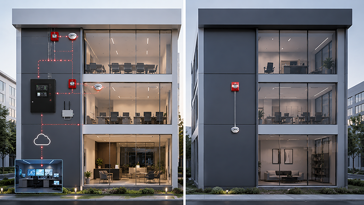 Multi story commercial building showing a wired fire alarm network with detectors, a control panel, and cloud connected monitoring station on the left, contrasted with a wireless system setup on the right