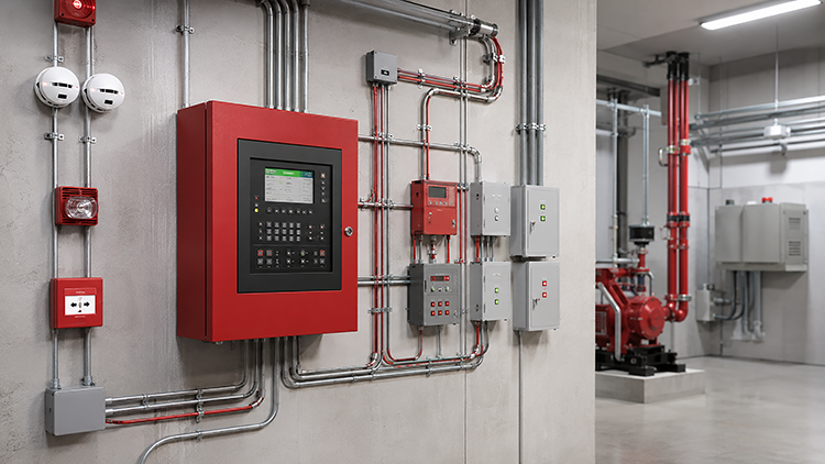 Integrated fire alarm control panel with conduit wiring, smoke detectors, and alarm devices mounted on a concrete wall in a commercial building.