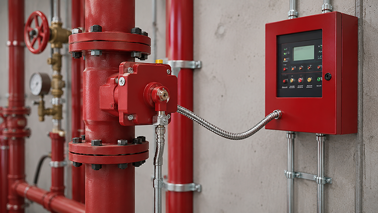 Red fire sprinkler pipes connected to a fire alarm control panel in a commercial building utility room, showing integrated fire suppression and detection systems.