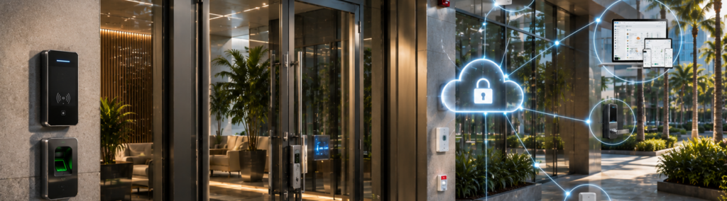Modern glass office entrance with keycard and biometric access control readers, overlaid with a cloud security icon representing smart door access systems.