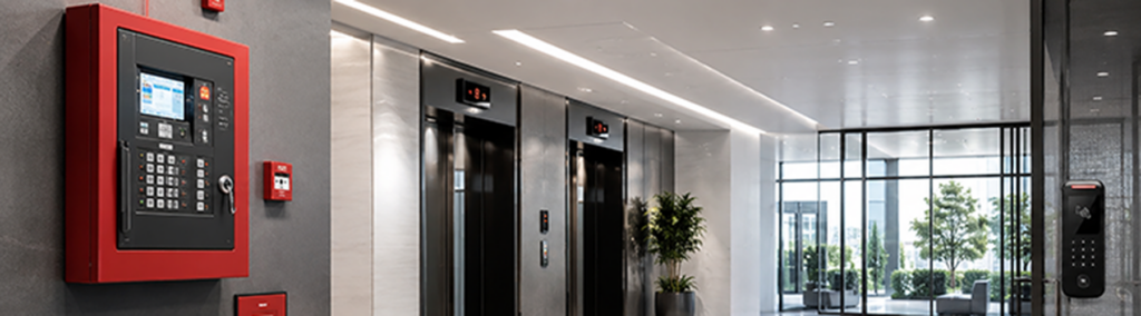 Commercial building lobby featuring an integrated fire alarm control panel, access control reader, and elevator bank, illustrating a unified safety and security system.