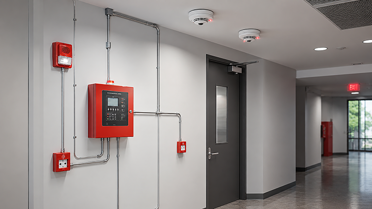A commercial fire alarm system showing a red control panel, pull station, strobe horn, and ceiling-mounted smoke detectors connected by conduit in a commercial building corridor.