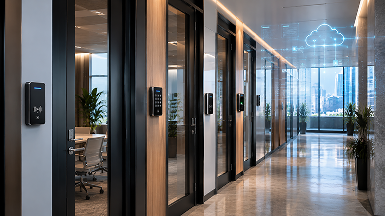 Office hallway lined with glass doors, each fitted with a keypad and card reader access control device.