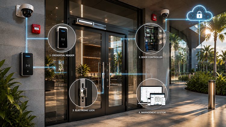 Diagram of a building access control system showing credential reader, door controller, electronic lock, and management software.