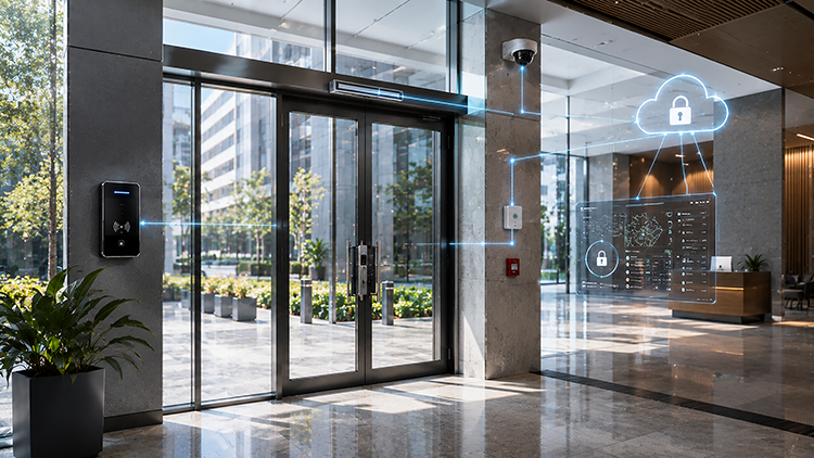 Commercial glass entrance with keycard reader, security camera, and alarm panel connected to a cloud-based monitoring system.