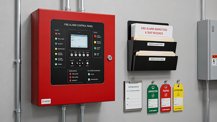 A Potter fire alarm control panel mounted on a wall alongside fire alarm inspection records, monthly and annual inspection folders, and color-coded inspected, tested, and attention tags.